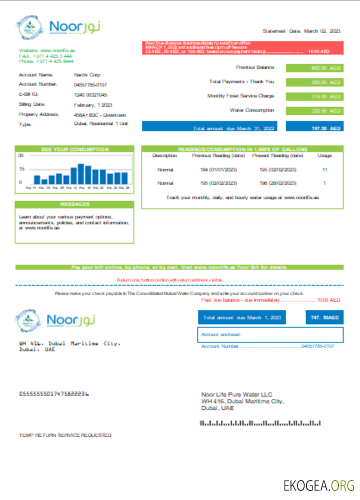 Facture commerciale de service public de Noor Life Pure Water LLC, SCR